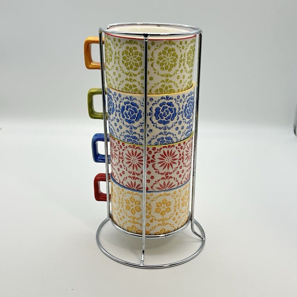 Pier 1 Imports Stackable Stoneware Mugs Set of 4 w/ Metal Stand Coffee  Cup